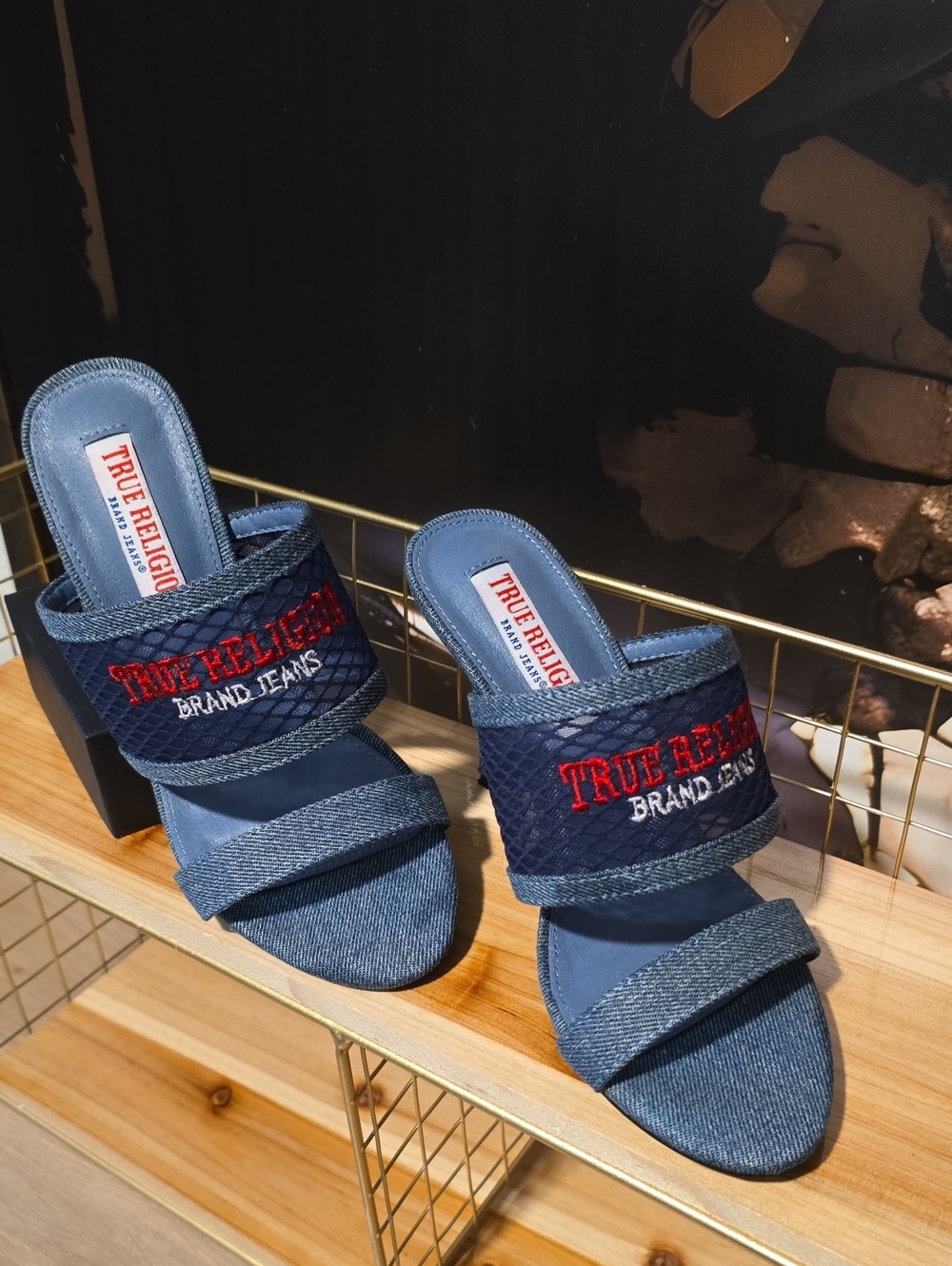 True Religion Denim Blue Embroidered Slide Mules